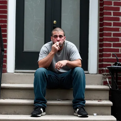 Prompt: Mean guy sitting on stoop smoking crack