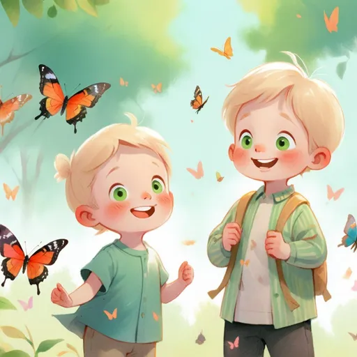 Prompt: generates an illustration image for a children's story, a 7-year-old blonde boy smiles and behind him there are 6 colorful butterflies flying. He is in a green park, there are 2 girls playing and they look at him happily. Capture the innocence and joy on the boy's face 





