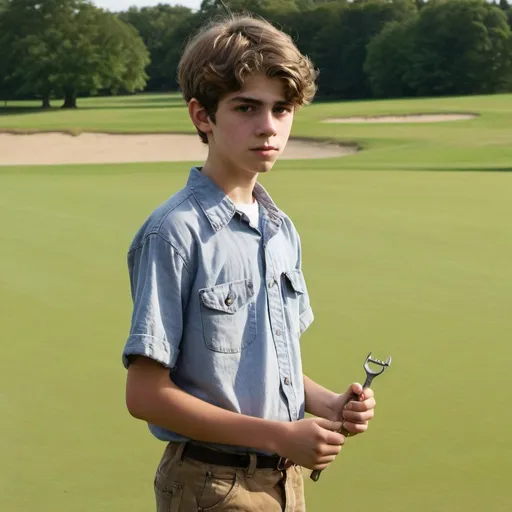 Prompt: Sixteen year old boy wearing a workers shirt, carrying a wrench in his hand, standing on a golf course, looking to the right