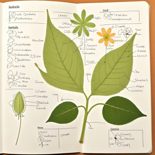 Prompt: Create detailed sketches of the leaf, stem, and flower they observed. They must label the parts they studied, such as:
o Leaf: Petiole, blade, veins, stomata, cuticle.
o Stem: Node, internode, vascular bundles, cambium (if applicable), lenticels. o Flower: Petals, sepals, stamen, pistil, stigma, style, ovary, anther.
 For each part, write down the function of each structure (e.g., veins for transporting water and nutrients in leaves).