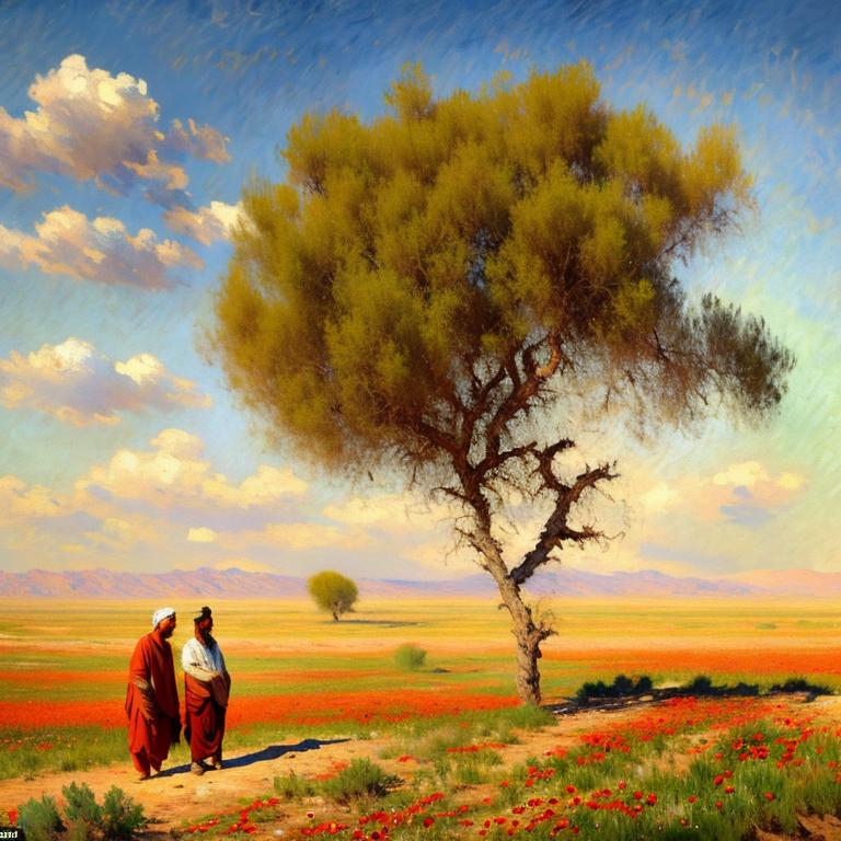 Prompt: 8k. oil picture in impressionism style. year 1870. barren, dry afghan landscape. midday. bright blue sky. a few feathery clouds. red poppy flower field in distance. close-up is a large tree, casting a long shadow. farmers with canes in traditional pashtun robes stand in the shadows of the trees.