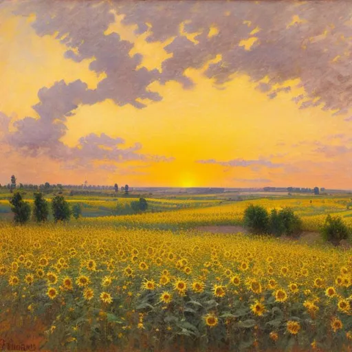 Prompt: oil picture in impressionism style. year 1870. view over an ukrainian landscape. slightly pink sky. sunflower and rapeseed field in distance. rest of the colour scheme is purple white. close-up are three large trees, casting a soothing shadow. hot summer evening.
