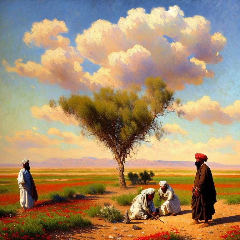 Prompt: 8k. oil picture in impressionism style. year 1870. barren, dry afghan landscape. midday. bright blue sky. a few feathery clouds. red poppy flower field in distance. close-up is a large tree, casting a long shadow. farmers with canes in traditional pashtun robes stand in the shadows of the trees.