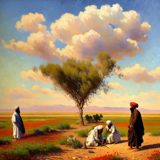 Prompt: 8k. oil picture in impressionism style. year 1870. barren, dry afghan landscape. midday. bright blue sky. a few feathery clouds. red poppy flower field in distance. close-up is a large tree, casting a long shadow. farmers with canes in traditional pashtun robes stand in the shadows of the trees.