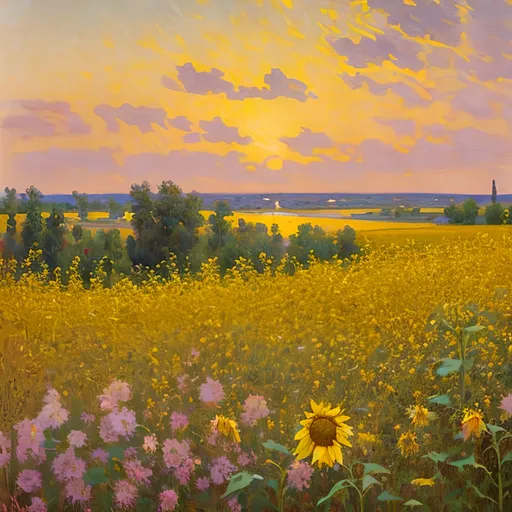 Prompt: 4k. oil picture in impressionism style. year 1870. view over an ukrainian landscape. slightly pink sky. sunflower and rapeseed field in distance. rest of the colour scheme is purple white. close-up are three large trees, casting a soothing shadow. hot summer evening. small lake nearby in greenish colour scheme.