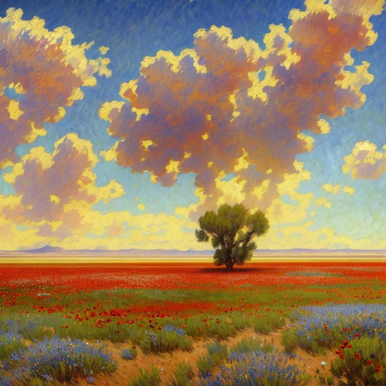 Prompt: 8k. oil picture in impressionism style. year 1870. hot summer evening. view over a barren, dry afghan landscape. bright blue sky. a few feathery clouds. red poppy flower field in distance. lots of pink flowers spread throughout the fields. close-up is a large tree, casting a long shadow. deep blue, translucent lake on the left with a few dead trees that lie in the lake. farmers in traditional pashtun robes stand in the shadows of the trees.