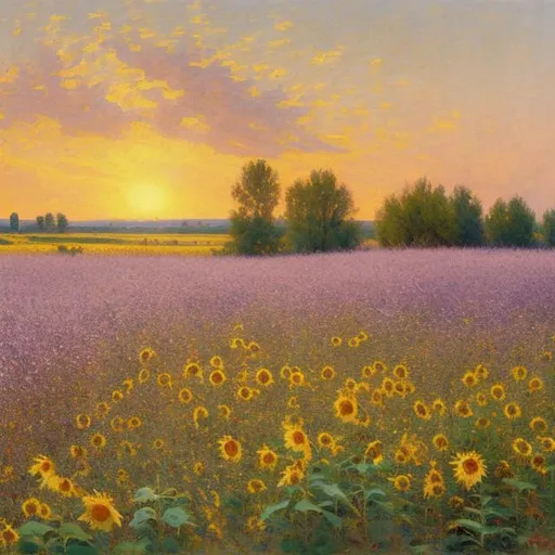 Prompt: 8k. oil picture in impressionism style. year 1870. view over an ukrainian landscape. slightly pink sky. sunflower and rapeseed field in distance. rest of the colour scheme is purple white. close-up are three large trees, casting a soothing shadow. hot summer evening. small lake nearby in greenish colour scheme.