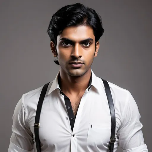 Prompt: A tall bengali man with black hair. sharp face feature, fair complextion. stout physique, wearing white shirt and black trouser. with a black leather belt wrist watch on his left hand