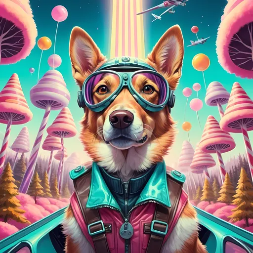 Prompt: Futuristic-retro futurism style illustration of a daring pilot dog, candy tree forest in a vibrant candy land, vintage airplane soaring overhead, pastel color palette, detailed fur with retro reflections, confident and adventurous gaze, high-tech pilot gear, bright neon lights illuminating the scene, high quality, detailed, vibrant colors, retro-futurism, candy land, daring pilot, vintage airplane, pastel colors, adventurous, detailed fur, neon lights, confident gaze, high-tech gear, candy tree forest, vibrant atmosphere