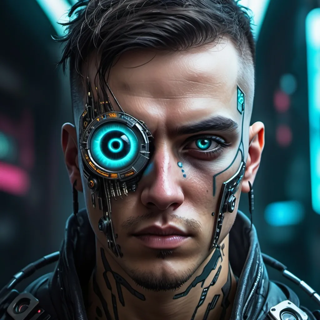 Prompt: a cyberpunk warrior with a digital eye on his face