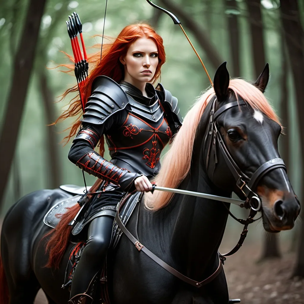 Prompt: a woman warrior with red hair and a fantasy archery on a black horse 