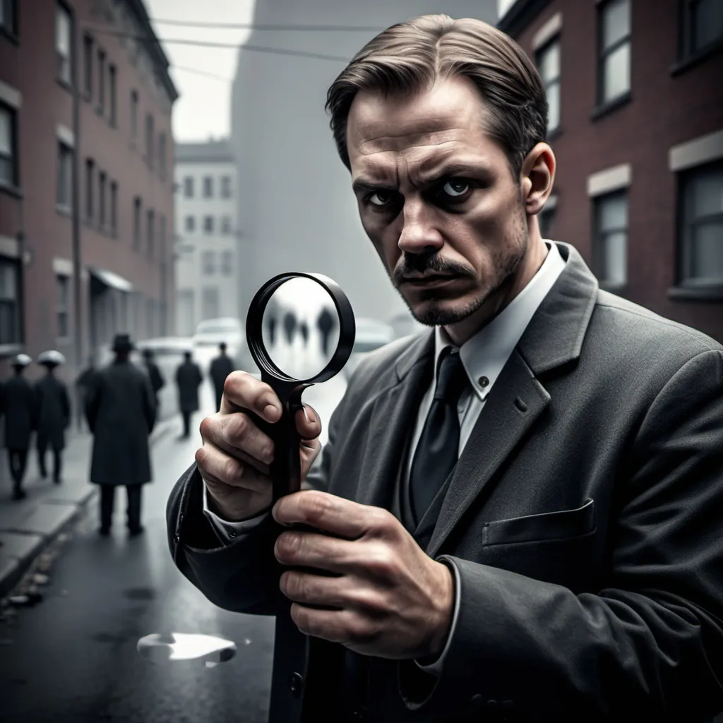 Prompt: a detective with a magnifier in his hand at the crime scene 