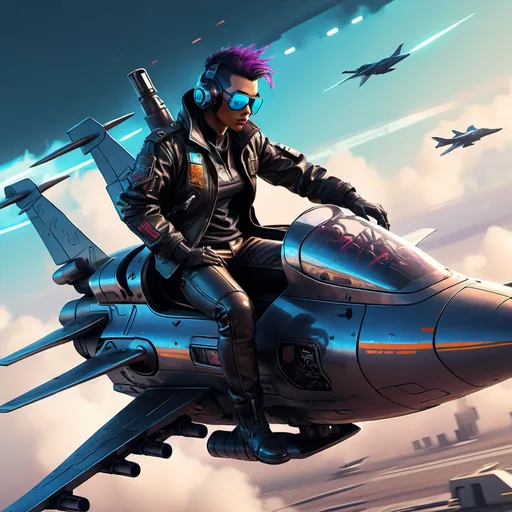 Prompt: a cyberpunk pilot is riding a jet 