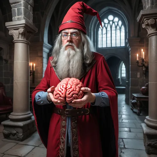 Prompt: A wizard with a red suit and he is holding a brain in his hand in a castle 