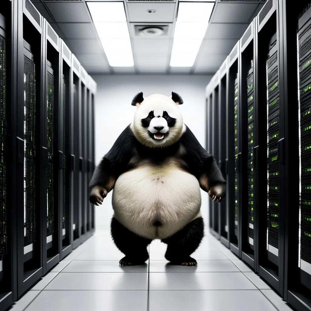 Prompt: A fat panda in a data center 