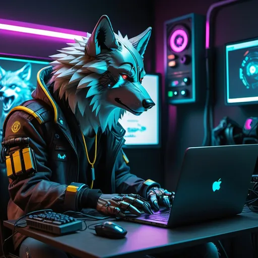 Prompt: a programmer cyberpunk wolf is working with a laptop in a gaming room 