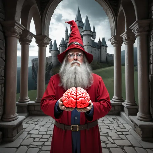 Prompt: A wizard with a red suit and he is holding a brain in his hand in a castle 