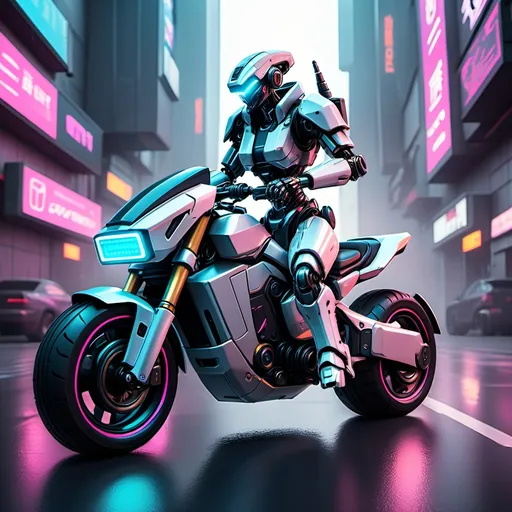 Prompt: a cyberpunk ai warrior robot is riding a cyber motorcycle 