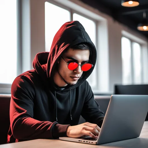 Prompt: A programmer with a black hoodie and a round red sunglasses is working with a laptop 