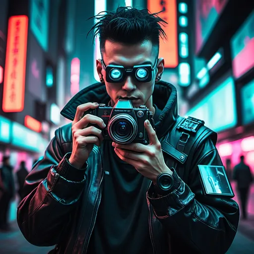 Prompt: A cyberpunk man is taking pictures with a cyberpunk camera