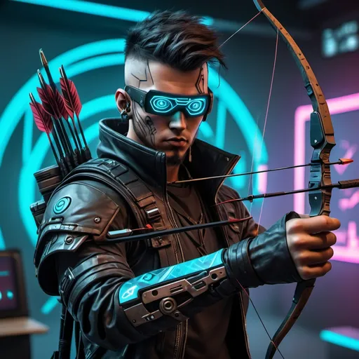 Prompt: a cyberpunk warrior character with a digital eye has a archery in his hand 