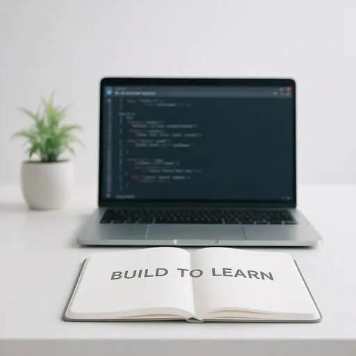 Prompt: A minimalist, professional LinkedIn post image. The background is a clean, modern desk with a laptop open showing code on the screen. In front of the laptop, a small potted plant sits next to a notebook. On the notebook's open page, the words "BUILD TO LEARN" are written in bold, modern typography. The style is bright, optimistic, and professional with a shallow depth of field.
