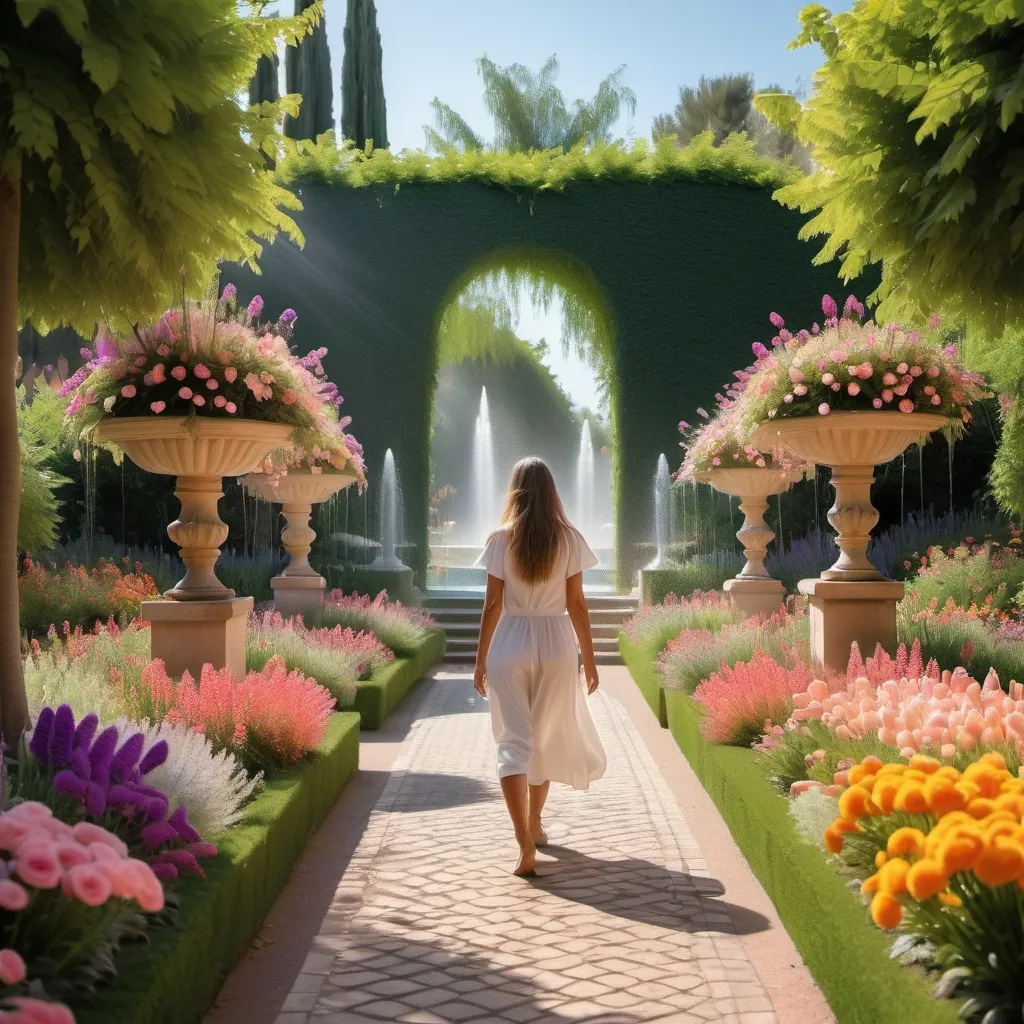 Prompt: Woman walking through a beautiful garden like a paradise with flowers and fountains