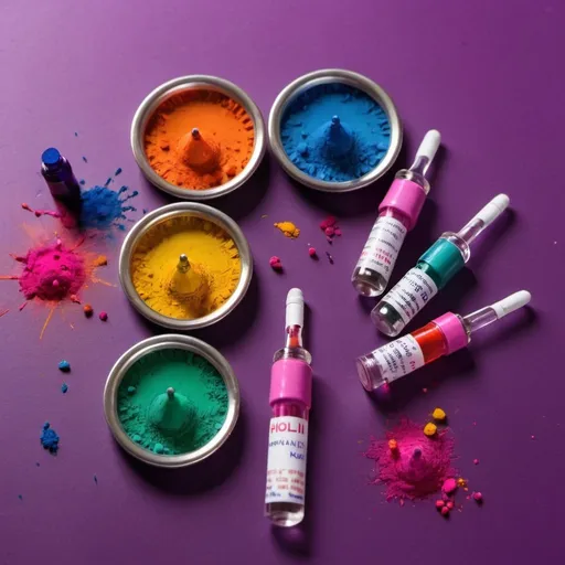 Prompt: ampoules, vials and syringes filled with colours with Holi wishes