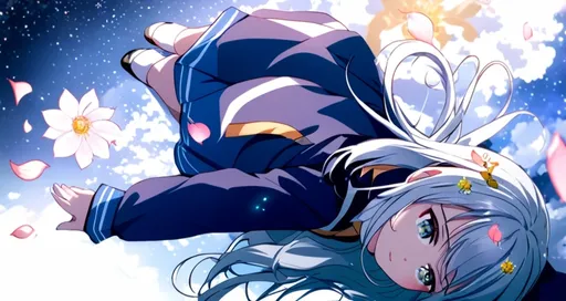 Prompt: anime, girl, adult, silver hair, shy, older age about 20+, mature, natural colors, highschool girl, vibrant eyes, 4k image, night sky, flower petals in the air, falling stars, highschool uniform, hairpins