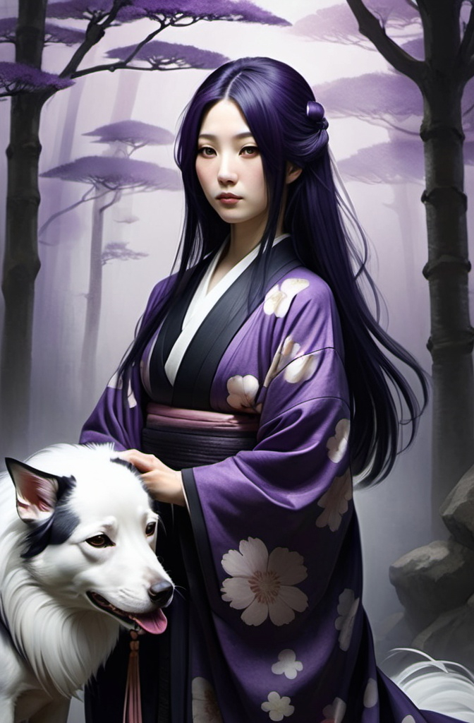 Prompt: A pale Japanese woman with long  dark purple hair, wearing a black kimono. An ethereal dog next to her.