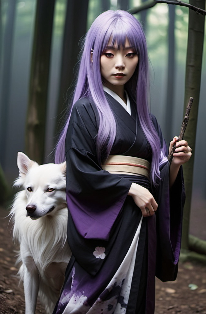 Prompt: A pale Japanese woman with long purple hair, wearing a black kimono. A spirit of a dead dog next to her.