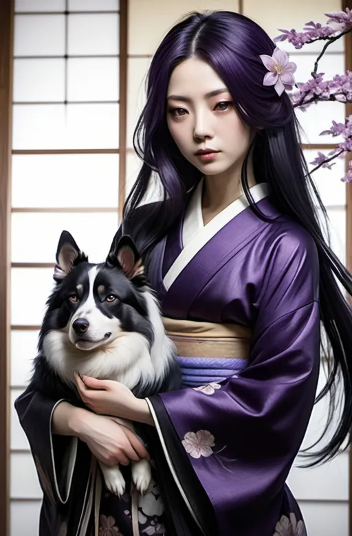 Prompt: A pale Japanese woman with long  dark purple hair, wearing a black kimono. An ethereal dog next to her.