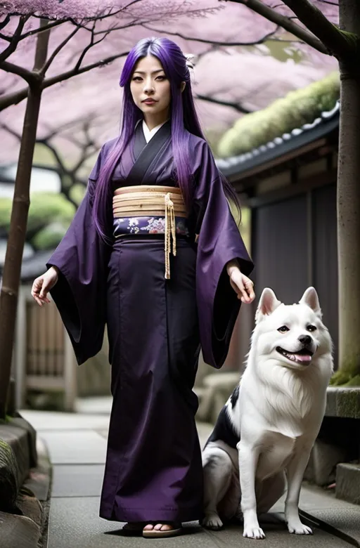 Prompt: A Japanese woman, with very long purple hair, wearing a black kimono, a dog spirit stands beside her. 