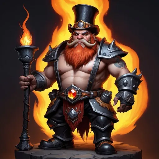 Prompt: World of Warcraft Dark Iron male Dwarf with fire beard, looking stoic and weird with a top hat and monicle in high heels.