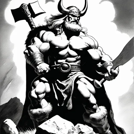 Prompt: B&W frazetta art, a huge muscular thor holding an ax, detailed, high quality