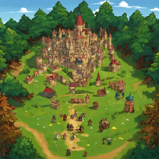 Prompt: a slightly cartoonsh style, a huge medieval kingdom in a forest landscape from far away where you can see the ins and outs of the kingdom and the citizens