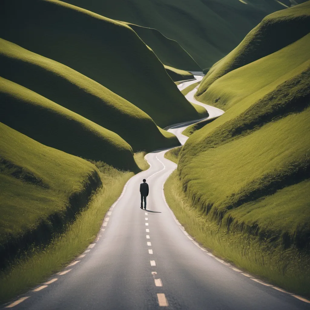 Prompt: A man going to move in a bent road and thinking "we have to turn in our journey in accordance to the path as it turns"