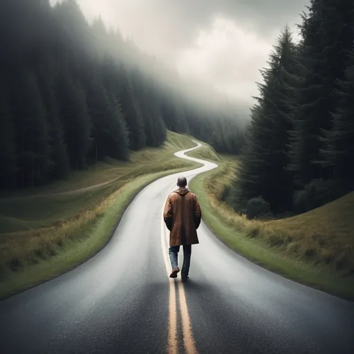 Prompt: A man going to move in a bent road and thinking "we have to turn in our journey in accordance to the path as it turns"