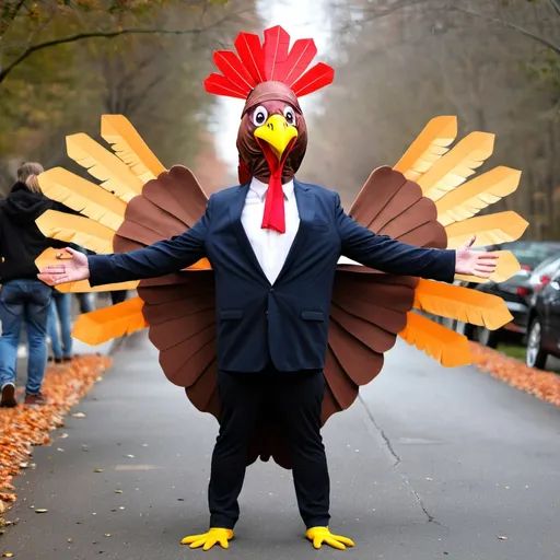 Prompt: Man dressed as a Turkey with wings outstretched