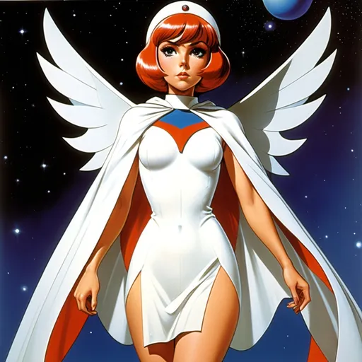 Prompt: Princess from Battle of the Planets,  short dress,white cape stretched like wings