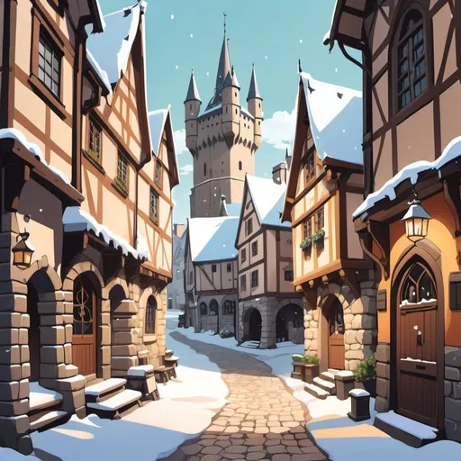 Prompt: Cute anime illustration of a medieval city, snow covered, winters, nostalgic color palette, cobblestone streets, charming buildings high quality, anime, medieval, warm color palette, nostalgic, whimsical, intricate details, charming atmosphere