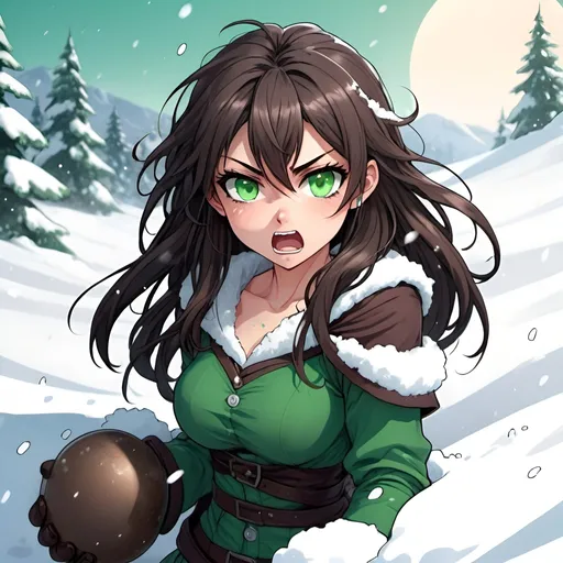 Prompt: Highly detailed anime illustration of a cute, extremely angry female with dark brown hair and piercing green eyes, covered in snow, d&d style bodice, throwing a snowball, manga style, intense expression, snow-covered hair, vibrant green eyes, detailed manga hair, snowy scene, cute character design, anime, manga, angry expression, vibrant green eyes, snowy landscape, cute character design, professional, atmospheric lighting