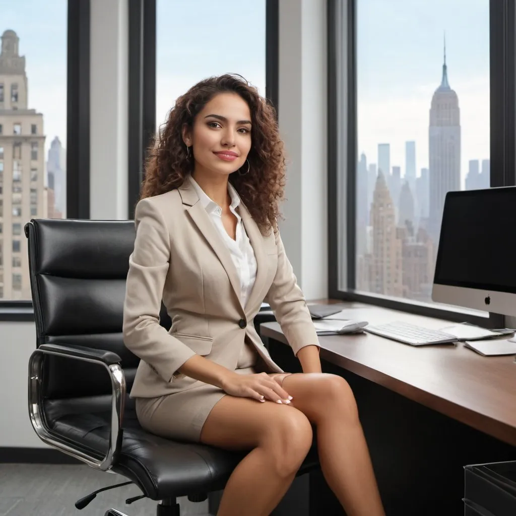 Prompt: Hispanic slim and beautiful Director women sitting in the office chair on her office room with manhattan window

