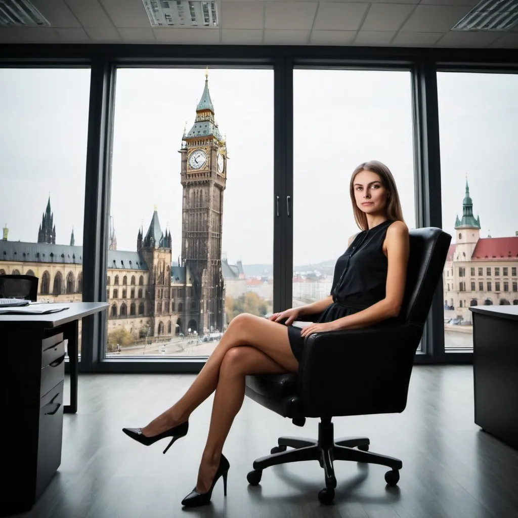 Prompt: Czech slim tall and beautiful Director women sitting in the office chair on her big office room with Bigben window

