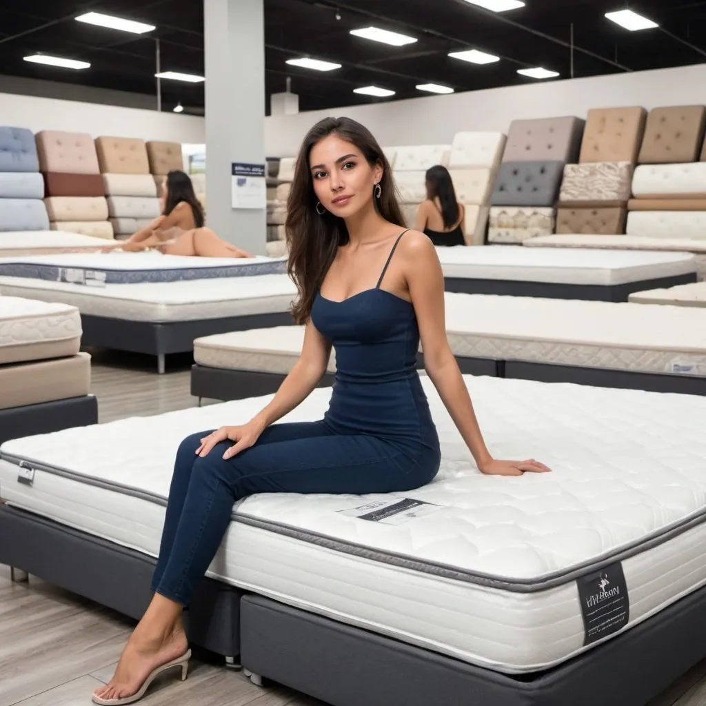 Prompt: Slim elegance and beautiful Hispanic women Sit on a mattress in Mattress Store