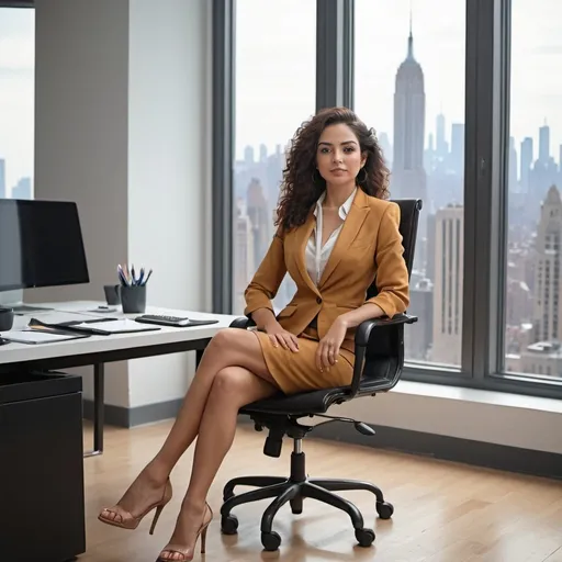 Prompt: Hispanic slim and beautiful Director women sitting in the office chair on her big office room with manhattan window

