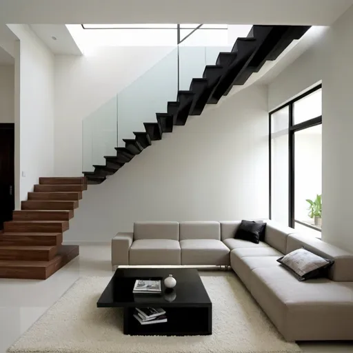 Prompt: Minimalis modern design  LIVING ROOM with stairs



