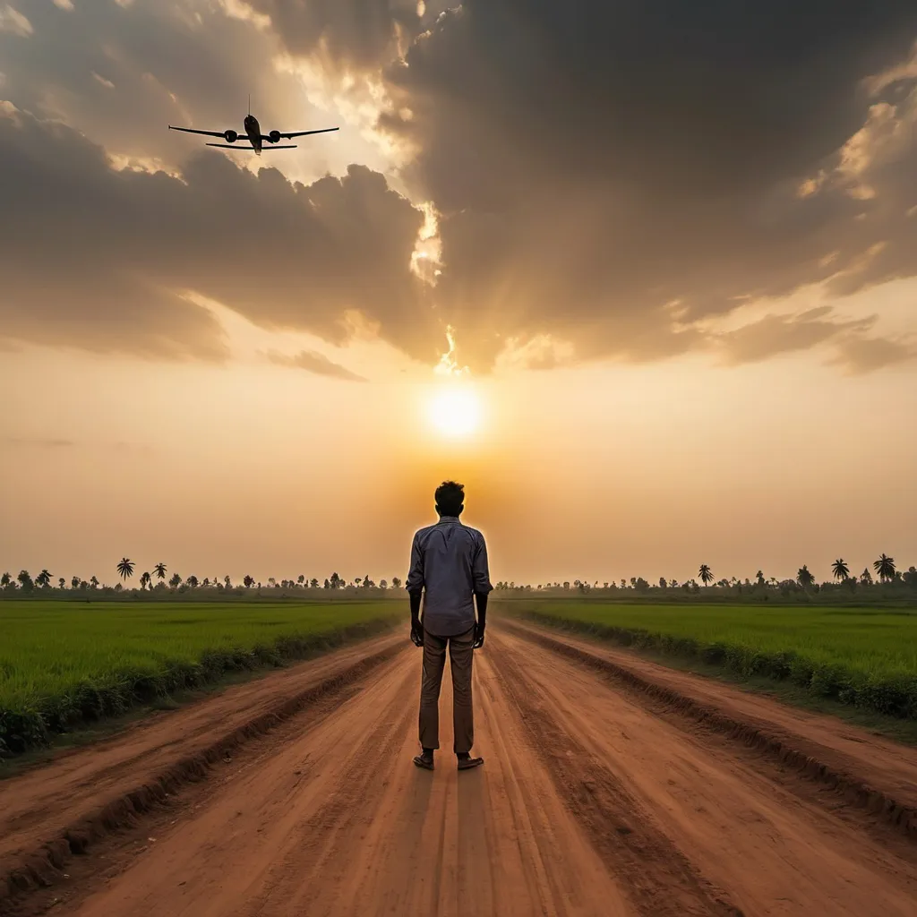 Prompt: a man standing on a dirt road in front of a cloudy sky with the sun setting behind him and a small airplane flying overhead, Bholekar Srihari, samikshavad, cinematography, a picture