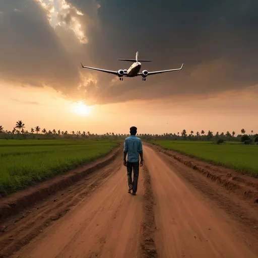 Prompt: a man standing on a dirt road in front of a cloudy sky with the sun setting behind him and a small airplane flying overhead, Bholekar Srihari, samikshavad, cinematography, a picture