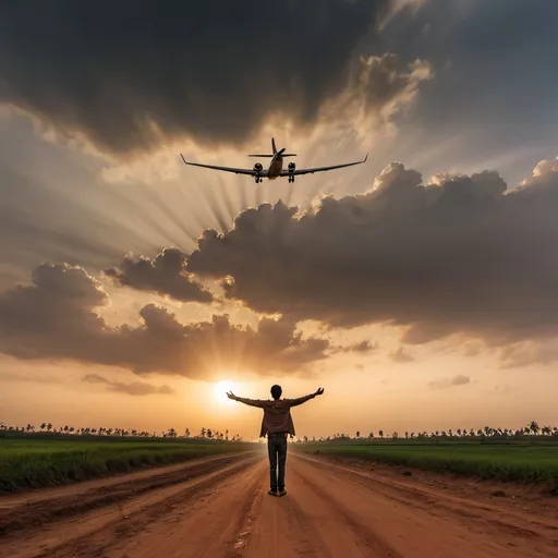 Prompt: a man standing on a dirt road in front of a cloudy sky with the sun setting behind him and a small airplane flying overhead, Bholekar Srihari, samikshavad, cinematography, a picture